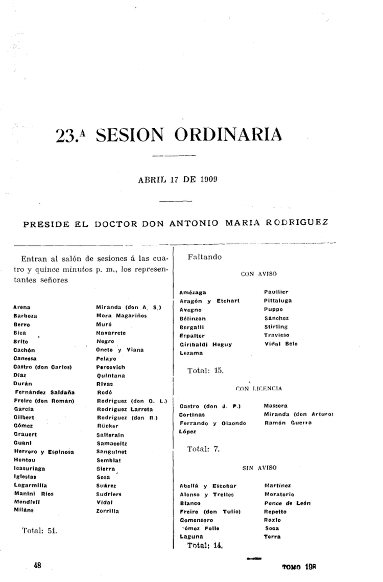 DIARIO DE SESIONES DE LA CAMARA DE REPRESENTANTES del 17/04/1909